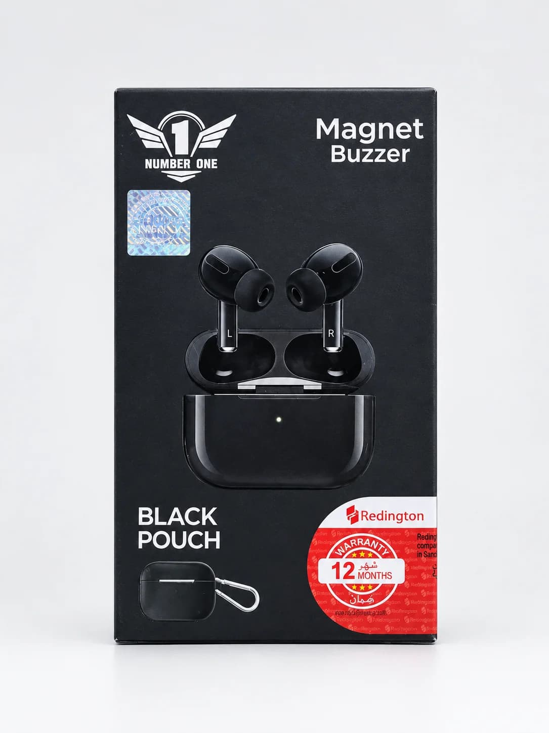Number One Magnet Buzzer Wireless Earbuds – Black Pouch